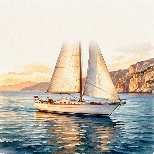 Seamless Aquarelle Sailboat Sunset Pattern Coastal Cliffs Water Calm Sea Golden Light 8K Premium Design