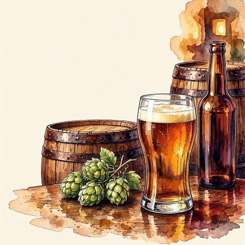 Seamless Aquarelle Beer Brewery Pattern Barrels Hops Bottle Glass Rustic Craft Drink 8K Premium Design