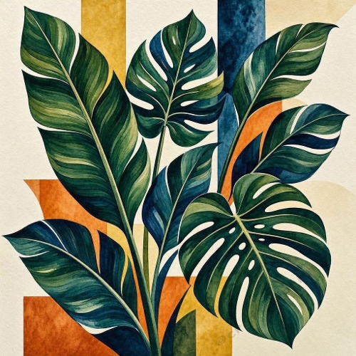 Watercolor Botanical Leaves – 1024×1024 Tropical Monstera & Geometric Art