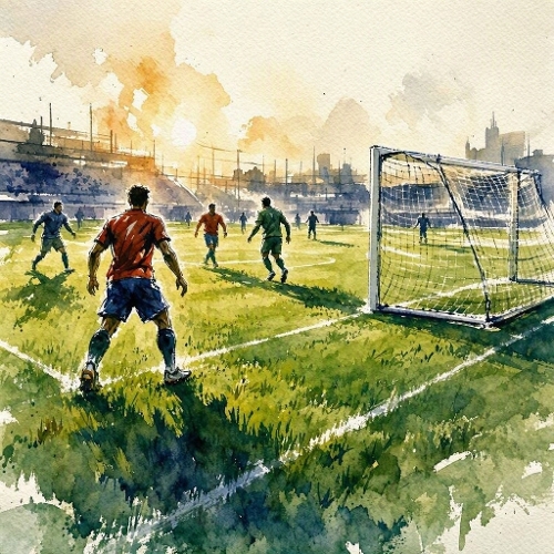 Watercolor Soccer Match – 1024×1024 Stadium Goal & Football Players Scene
