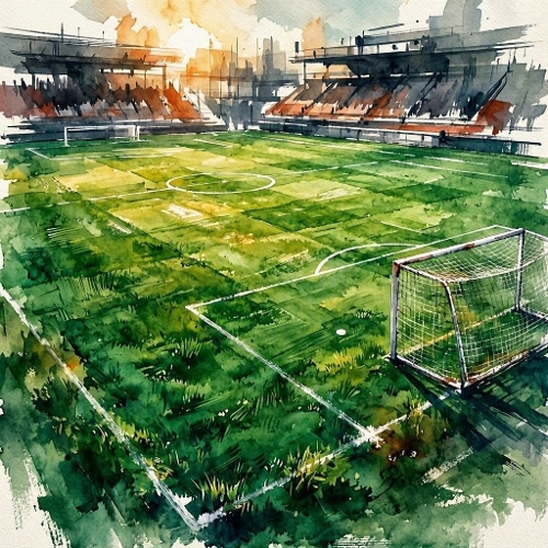 Watercolor Soccer Stadium – 1024×1024 Empty Field & Goal Net Scene