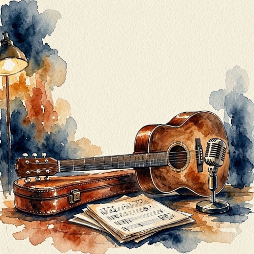 Watercolor Acoustic Guitar – 1024×1024 Guitar, Microphone & Lamp Scene