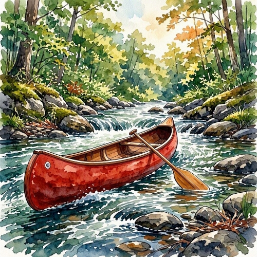 Watercolor Red Canoe – 1024×1024 Canoe, Wooden Paddle & Forest River Scene