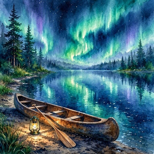 Watercolor Northern Lights Canoe – 1024×1024 Wooden Canoe, Lantern & Aurora Lake Scene