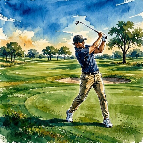 Watercolor Golf Player – 1024×1024 Golfer Swing & Golf Course Landscape