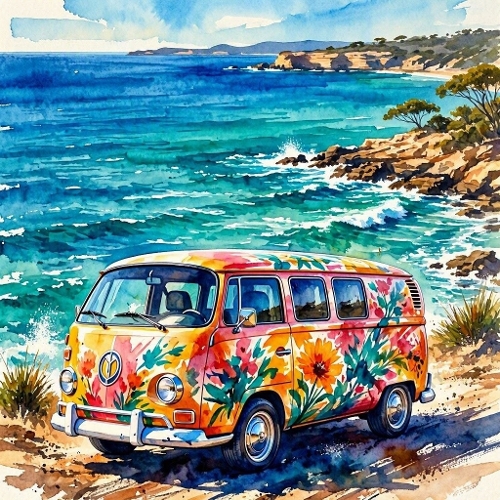 Watercolor Camper Van – 1024×1024 Floral VW Bus & Coastal Ocean Scene