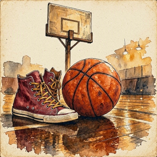 Watercolor Basketball – 1024×1024 Basketball, Sneakers & Backboard Scene