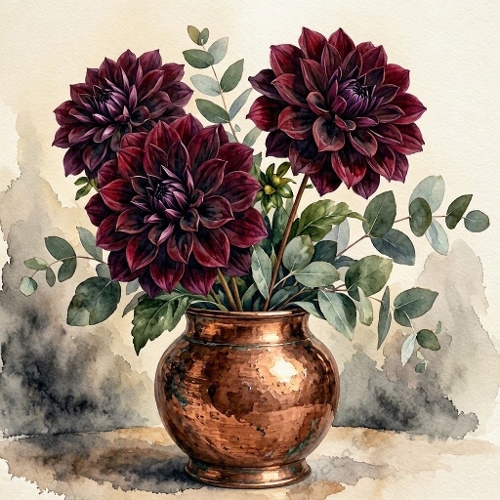 Watercolor Dark Burgundy Dahlias – 1024×1024 Copper Vase & Eucalyptus Scene