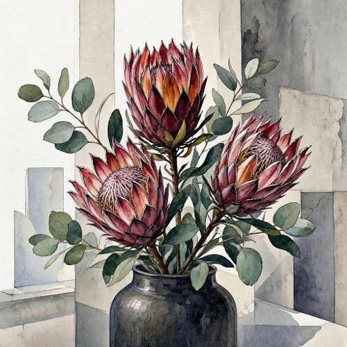 Watercolor King Protea – 1024×1024 Dark Ceramic Vase & Eucalyptus Scene