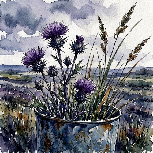 Watercolor Purple Thistle, Grass and Rusted Bucket Still Life and Landscape