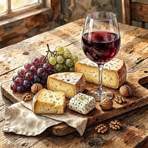 Watercolor Wine Cheese Still Life Art