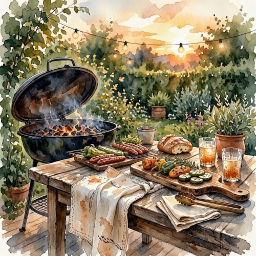 Seamless Aquarelle Barbecue Sunset Pattern Grill Vegetables Table Drinks Garden Lights Outdoor 8K Premium Design