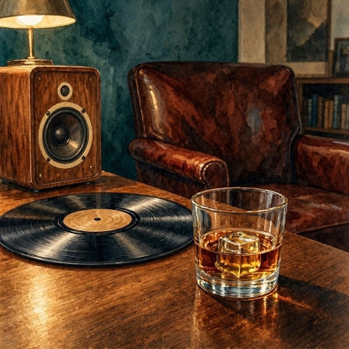 Seamless Aquarelle Whiskey Vinyl Pattern Retro Lounge Speaker Lamp Leather Chair Cozy Interior 8K Premium Design
