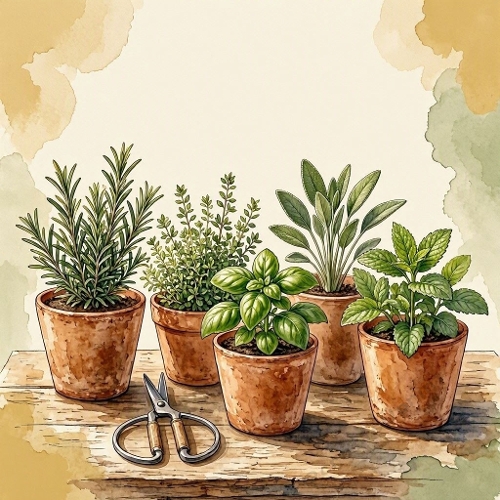 Seamless Aquarelle Herb Garden Pattern Terracotta Pots Rosemary Thyme Basil Sage Mint Rustic 8K Premium Design