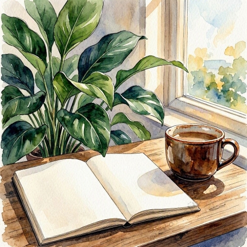 Seamless Aquarelle Cozy Reading Nook Pattern Book Coffee Plant Window Light Calm Interior 8K Premium Design