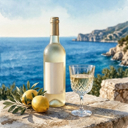 Seamless Aquarelle White Wine Coastal Pattern Bottle Glass Lemons Sea Cliffs Mediterranean Light 8K Premium Design