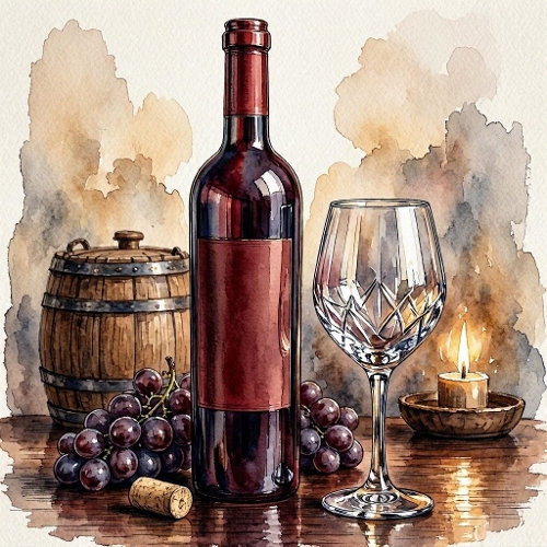 Seamless Aquarelle Red Wine Rustic Pattern Bottle Glass Grapes Barrel Candle Warm Vintage Scene 8K Premium Design