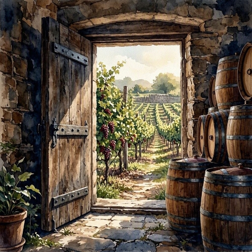 Seamless Aquarelle Vineyard Doorway Pattern Stone Winery Barrels Grapes Sunlight Rustic Countryside 8K Premium Design