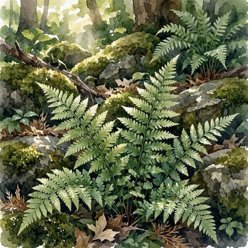 Seamless Aquarelle Forest Fern Pattern Moss Rocks Woodland Light Nature Undergrowth 8K Premium Design