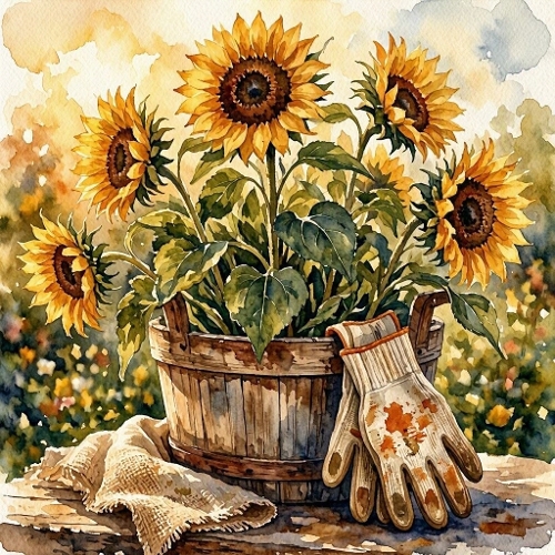 Seamless Aquarelle Sunflower Bucket Pattern Rustic Garden Gloves Burlap Countryside Warm Light 8K Premium Design
