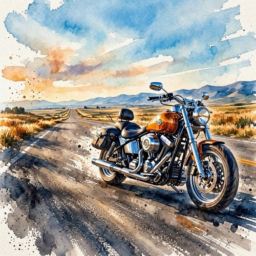Seamless Aquarelle Motorcycle Road Pattern Chrome Orange Tank Landscape Sunset Freedom Adventure 8K Premium Design