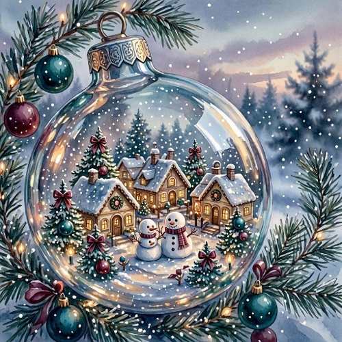 Seamless Aquarelle Christmas Ornament Pattern Snowy Village Snowmen Pine Branch Lights Winter Magic 8K Premium Design