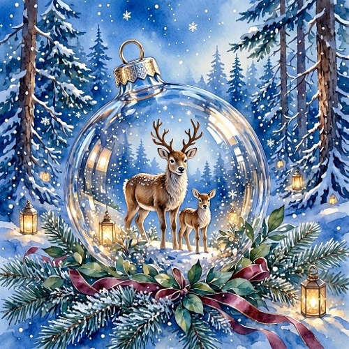 Seamless Aquarelle Winter Deer Ornament Pattern Snow Forest Lanterns Ribbon Evergreen Night Magic 8K Premium Design