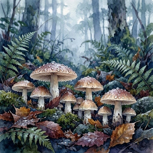 Seamless Aquarelle Forest Mushroom Pattern Moss Leaves Fern Mist Woodland Nature Scene 8K Premium Design
