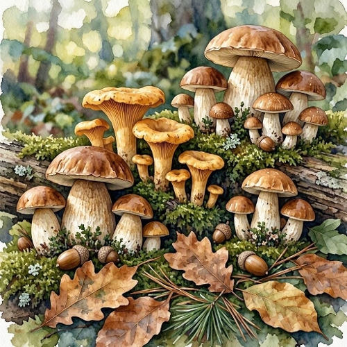 Seamless Aquarelle Autumn Forest Mushroom Pattern Moss Log Acorns Leaves Woodland Nature 8K Premium Design