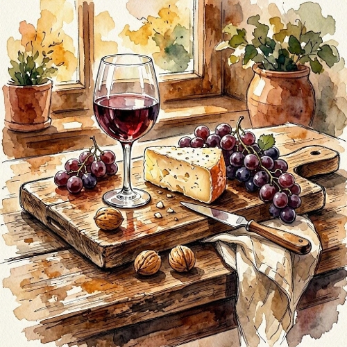 Seamless Aquarelle Rustic Wine Cheese Pattern Grapes Cutting Board Autumn Window Cozy 8K Premium Design