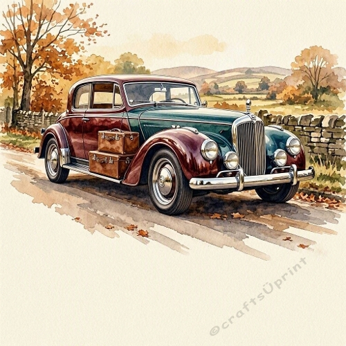 Seamless Aquarelle Vintage Car Autumn Pattern Classic Road Suitcases Countryside Hills Warm Landscape 8K Premium Design