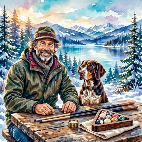 Seamless Aquarelle Winter Billiards Scene Pattern Elder Dog Snow Mountains Lake Cozy Outdoor 8K Premium Design