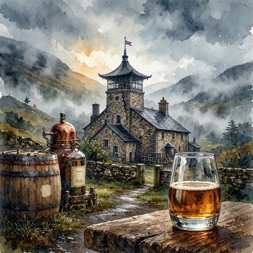 Seamless Aquarelle Whiskey Distillery Pattern Barrel Copper Still Valley Stone Tower Mist Countryside 8K Premium Design