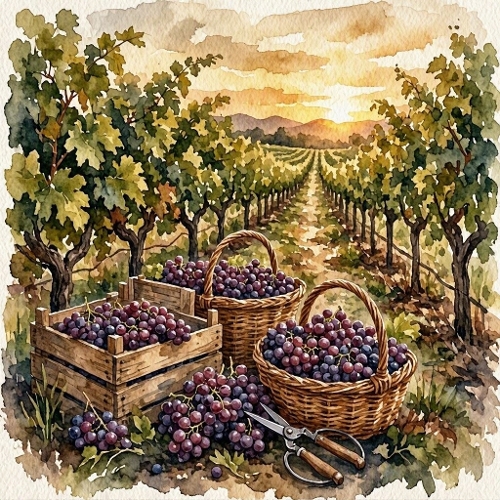 Seamless Aquarelle Vineyard Harvest Pattern Grapes Baskets Crates Sunset Rows Countryside 8K Premium Design