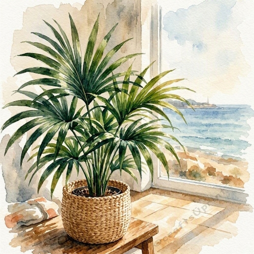 Seamless Aquarelle Coastal Palm Pattern Woven Pot Window Ocean View Light Serenity 8K Premium Design