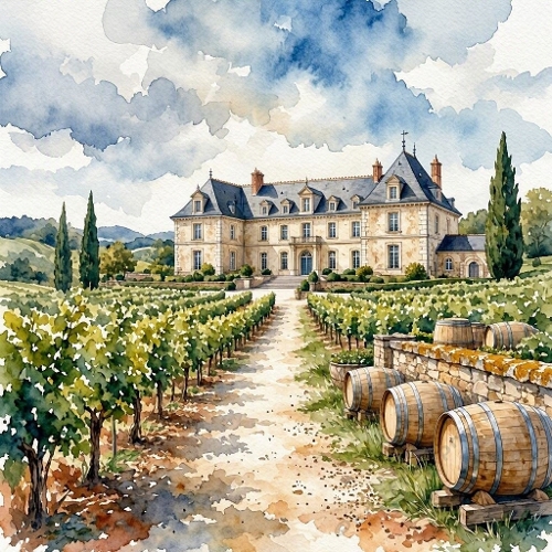 Seamless Aquarelle Vineyard Chateau Pattern Wine Barrels Path Cypress Hills Estate Landscape 8K Premium Design