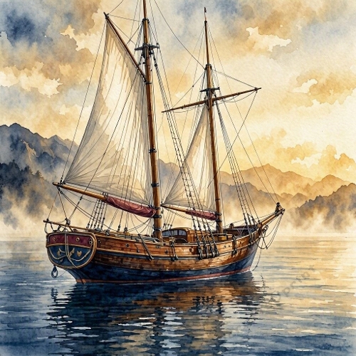 Seamless Aquarelle Sailing Ship Pattern Wooden Vessel Sails Water Reflection Mountains Golden Sky 8K Premium Design