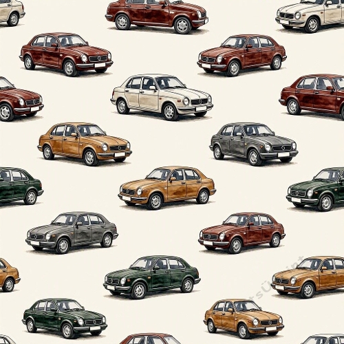 Seamless Aquarelle Vintage Car Pattern Retro Compact Sedan Diagonal Rows Beige Background 8K Premium Design