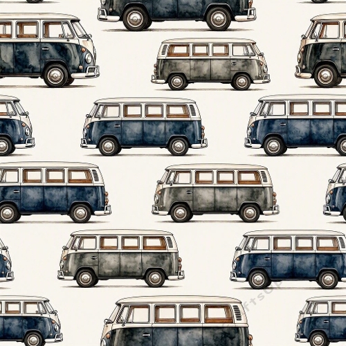 Seamless Aquarelle Vintage Camper Van Pattern Retro Blue Grey Rows Beige Background Travel Motif 8K Premium Design
