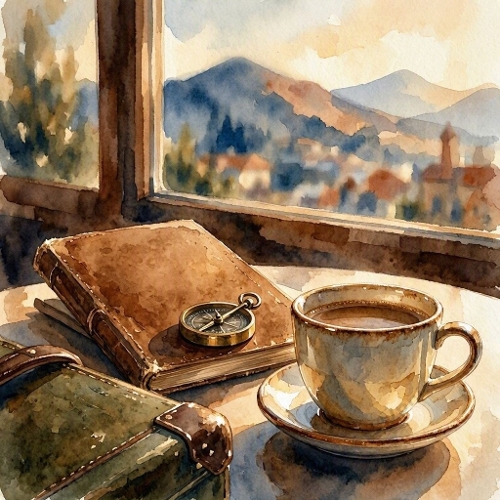 Seamless Aquarelle Cozy Window Scene Pattern Coffee Book Compass Satchel Mountains Village Warm Light 8K Premium Design