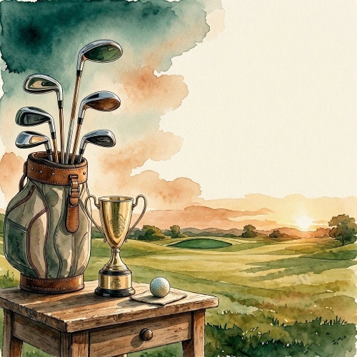 Seamless Aquarelle Golf Sunset Pattern Trophy Ball Clubs Course Landscape Warm Light 8K Premium Design