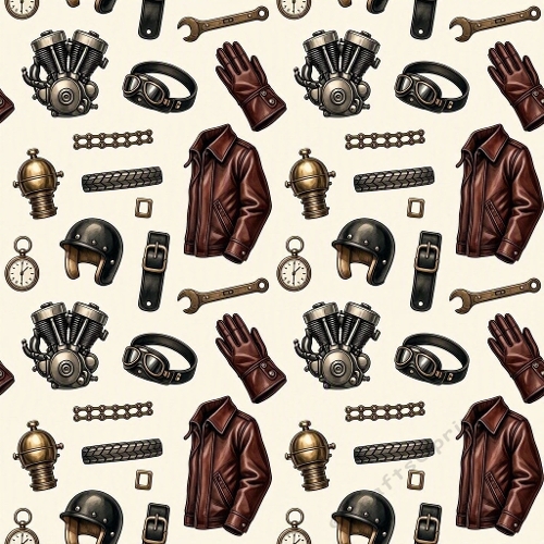 Seamless Aquarelle Motorcycle Gear Pattern Leather Jacket Gloves Helmet Engine Tools Chains Vintage Beige 8K Premium Design