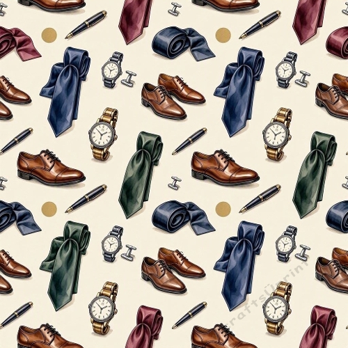 Seamless Aquarelle Mens Accessories Pattern Shoes Watches Pens Cufflinks Ties Beige Luxury Style 8K Premium Design