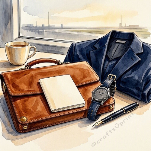 Seamless Aquarelle Business Travel Scene Pattern Briefcase Watch Pen Coffee Suit Window Landscape 8K Premium Design