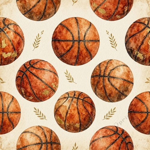 Seamless Aquarelle Basketball Pattern Orange Brown Balls Golden Leaves Beige Background Sport Motif 8K Premium Design