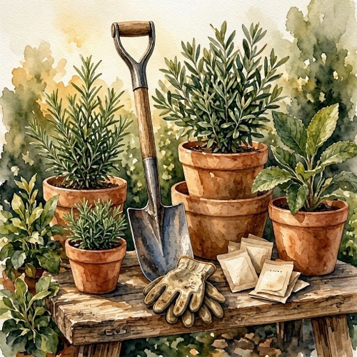 Seamless Aquarelle Gardening Scene Pattern Terracotta Pots Herbs Bench Shovel Gloves Seeds Greenery 8K Premium Design