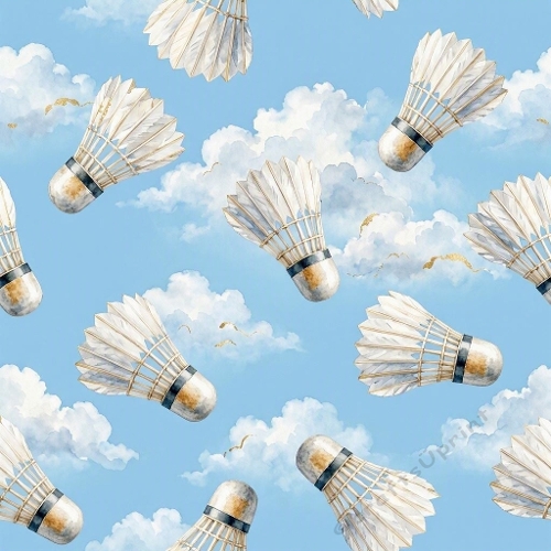 Seamless Aquarelle Badminton Shuttlecock Pattern White Feathers Sky Blue Clouds Sport Motif 8K Premium Design