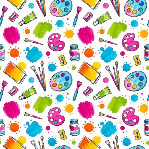 Seamless Aquarelle Art Supplies Pattern Palette Brushes Paint Tubes Jars Paper Color Splashes 8K Premium Design