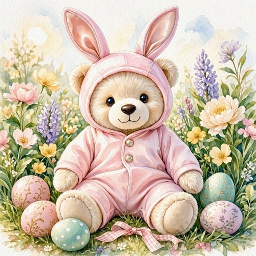 Watercolor Easter Bear Bunny Suit Art