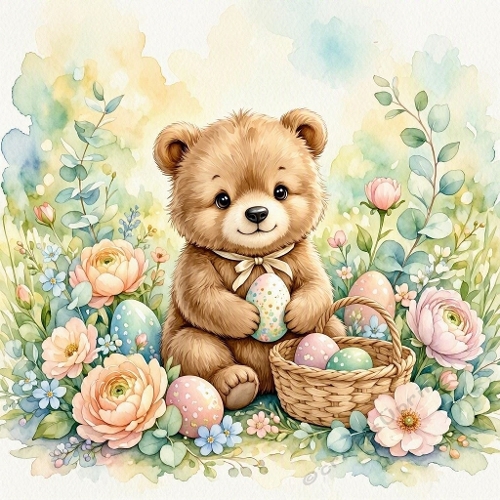 Watercolor Easter Bear Flower Basket Art